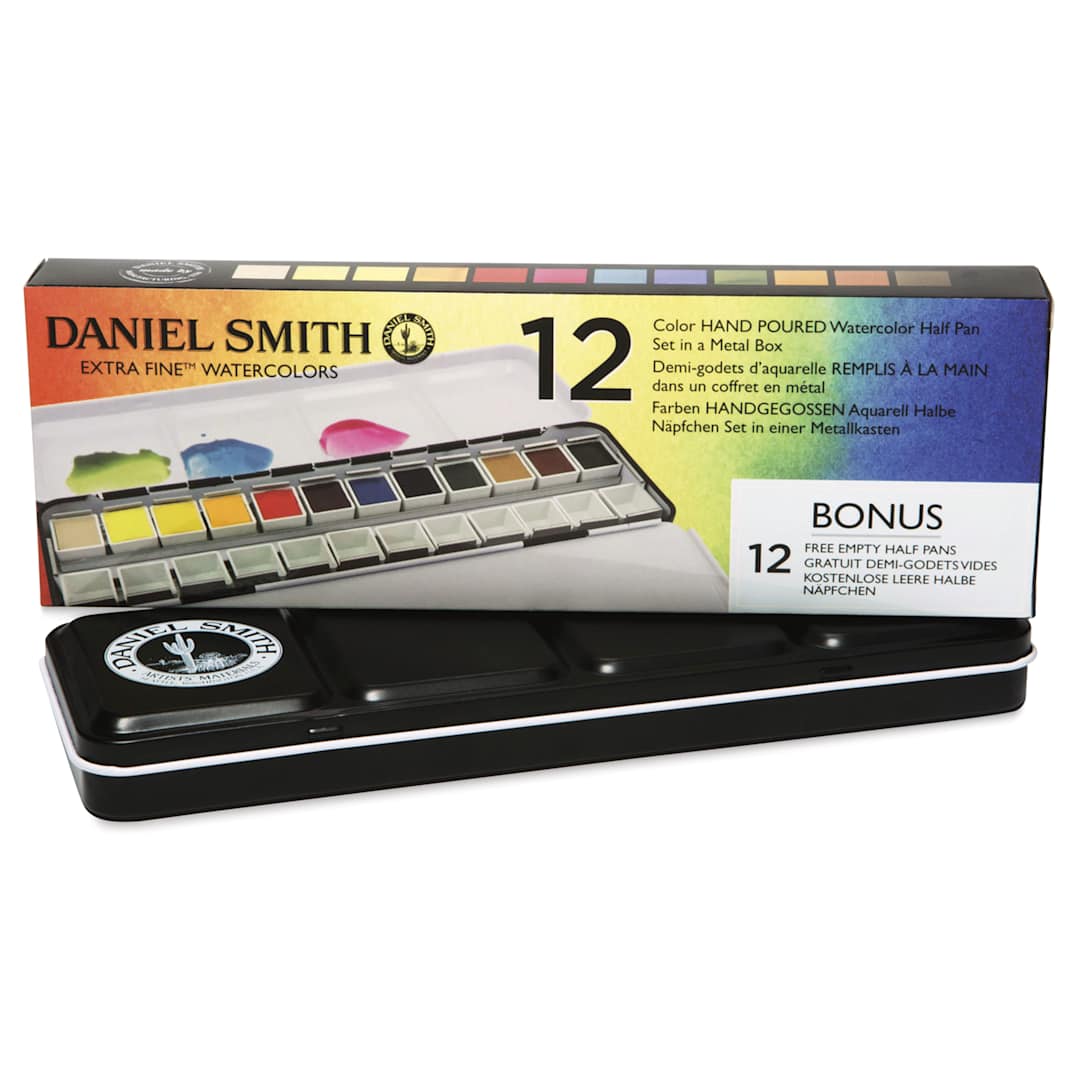 Open in modal - Daniel Smith Watercolor Half Pan - Set of 12, Metal Box, Assorted, packaging and box
