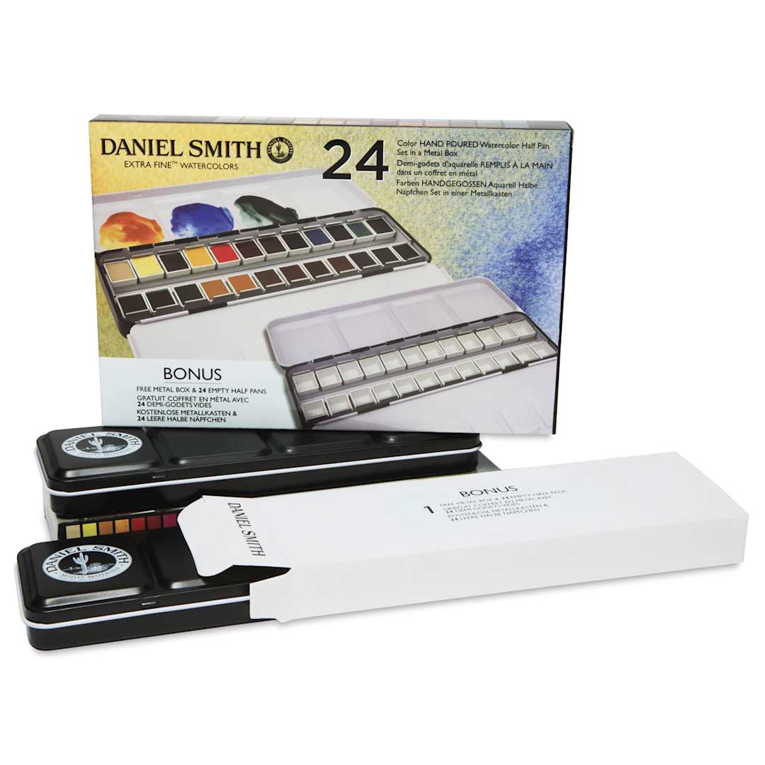 Open in modal - Daniel Smith Watercolor Half Pan - Set of 24, Metal Boxes, packaging with contents
