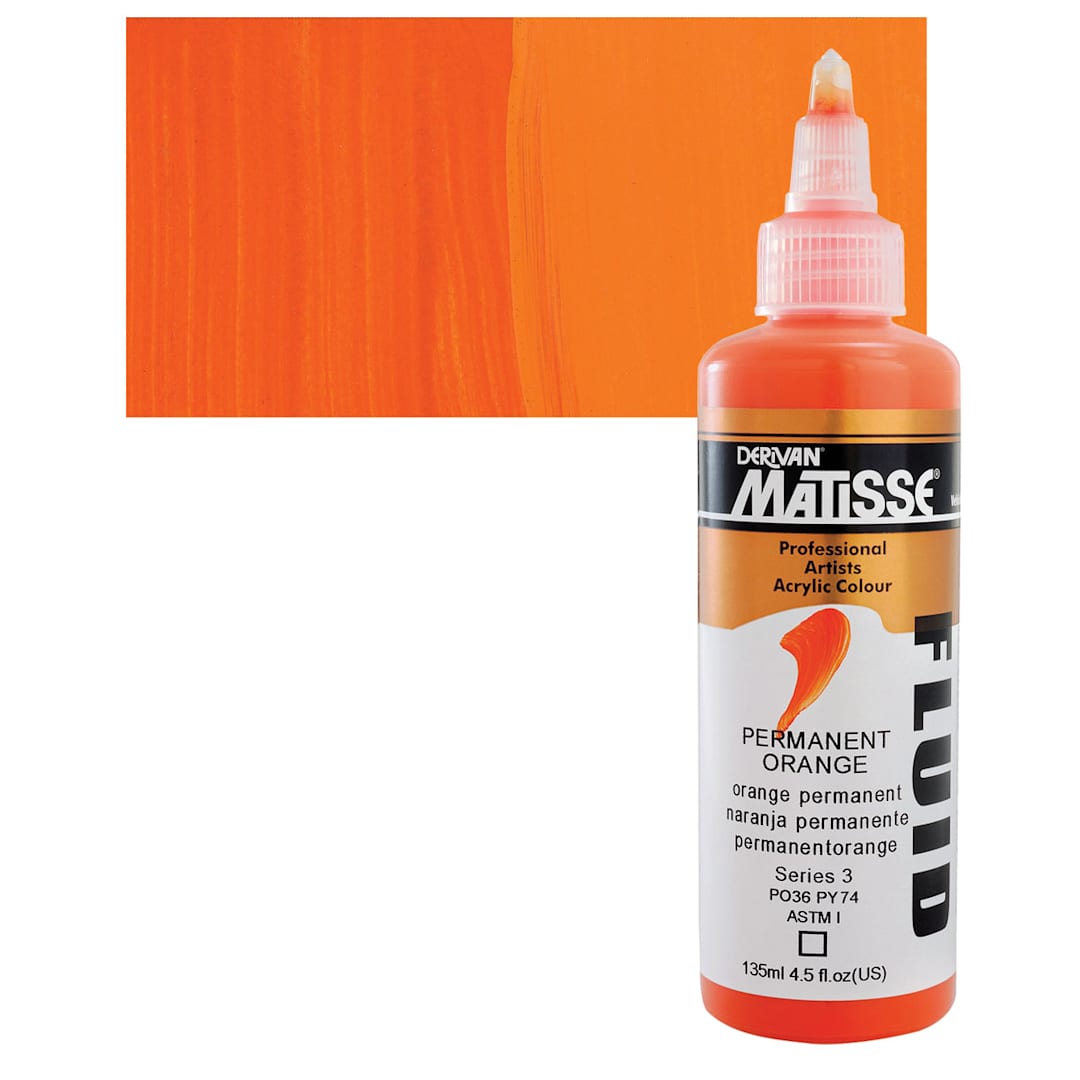 Open in modal - Matisse Fluid Acrylic - Permanent Orange, 135 ml bottle and swatch