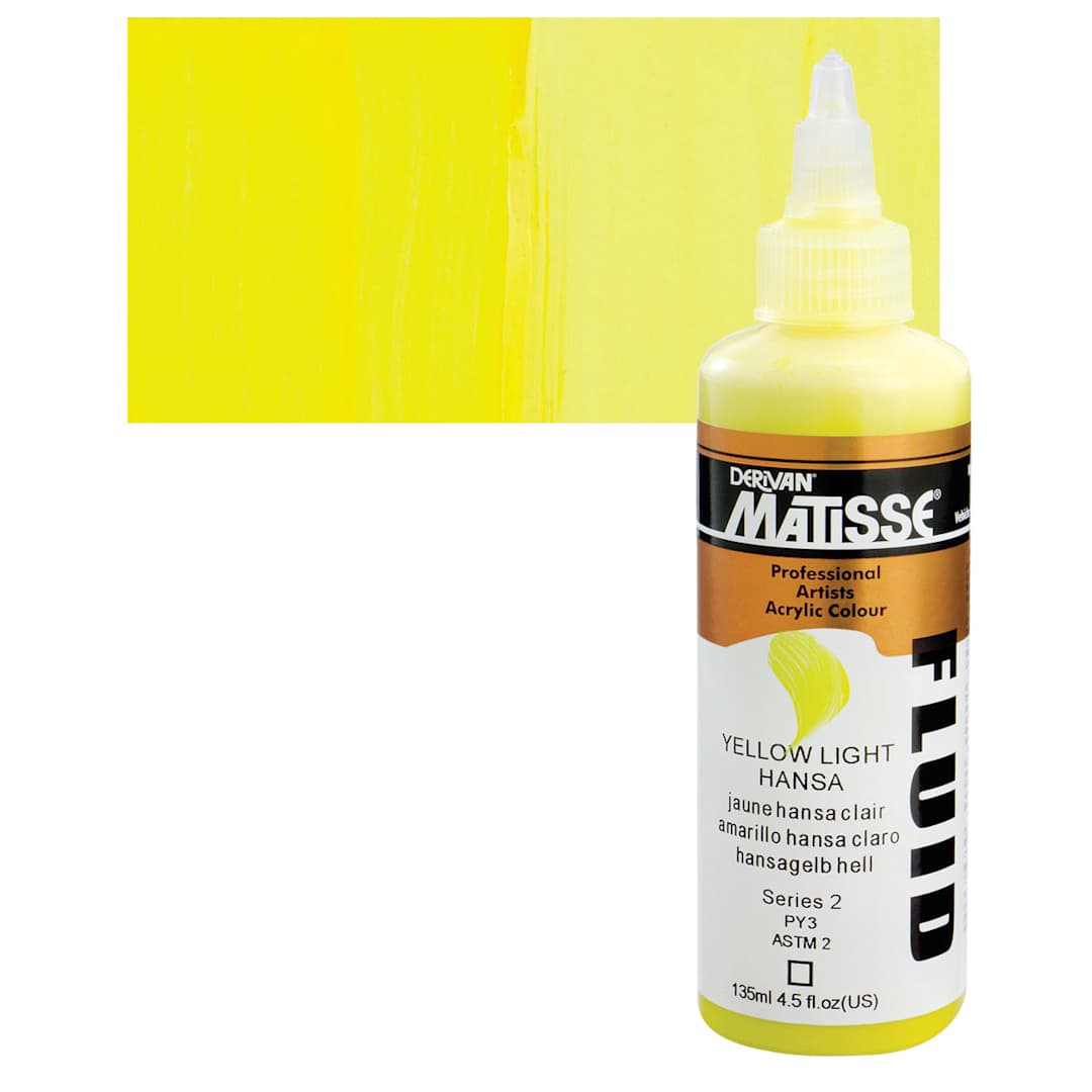 Open in modal - Matisse Fluid Acrylic - Yellow Light Hansa, 135 ml bottle and swatch