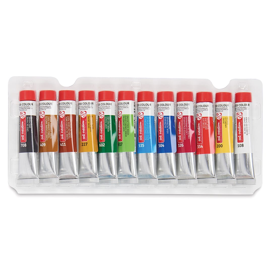 Open in modal - Talens Art Creation Watercolor Set - Components of Set of 12 tubes shown in package storage tray