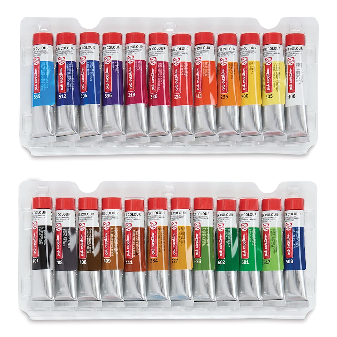 Open in modal - Talens Art Creation Watercolor Set - Components of Set of 24 tubes shown in package storage trays