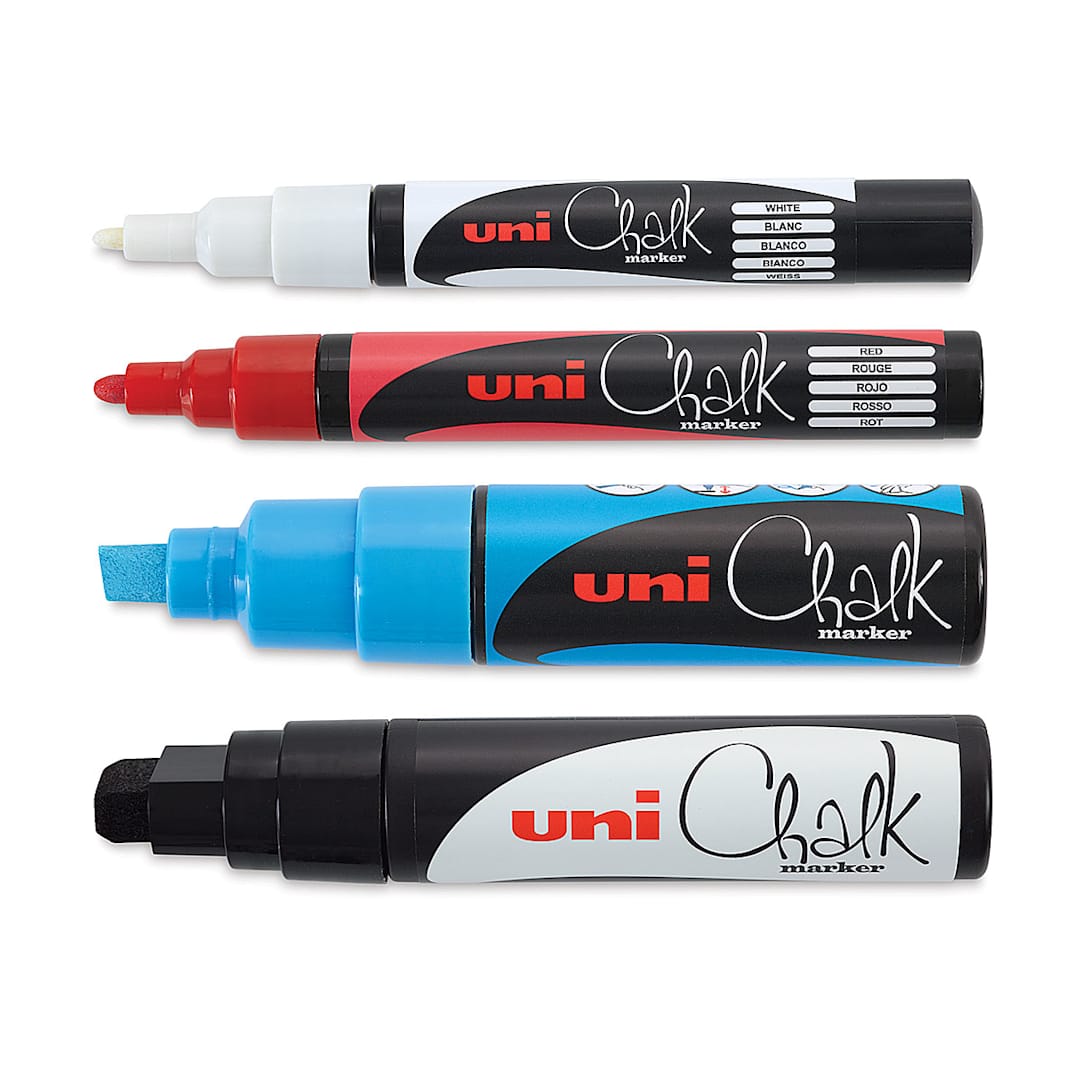 Open in modal - Uni Chalk Markers - 4 markers uncapped showing differnt nib sizes