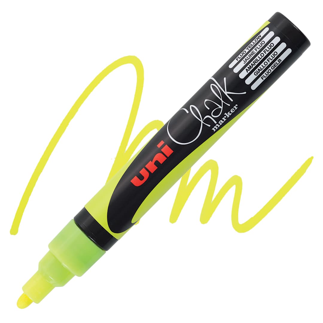 Open in modal - Uni Chalk Marker - Fluorescent Yellow, 5 mm marker and swatch