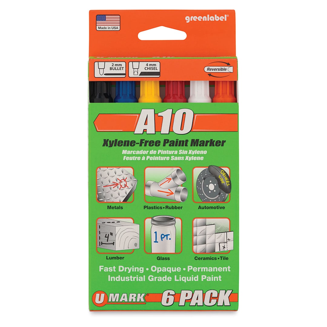 Open in modal - U-Mark A10 Xylene-Free Paint Markers - Front of package of 6 Markers