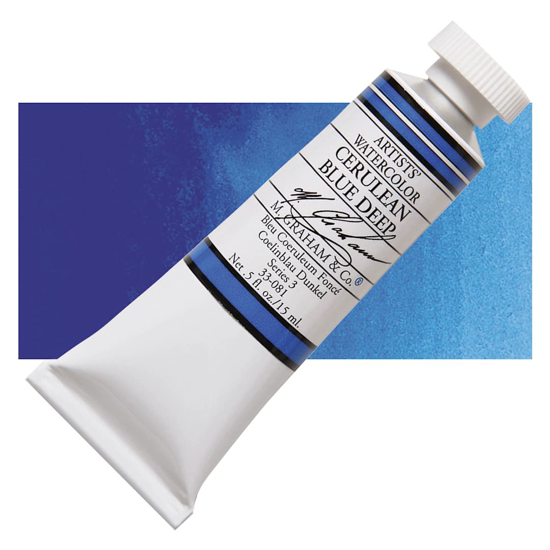 Open in modal - M. Graham Artists' Watercolor - Cerulean Blue Deep, 15 ml Tube and swatch