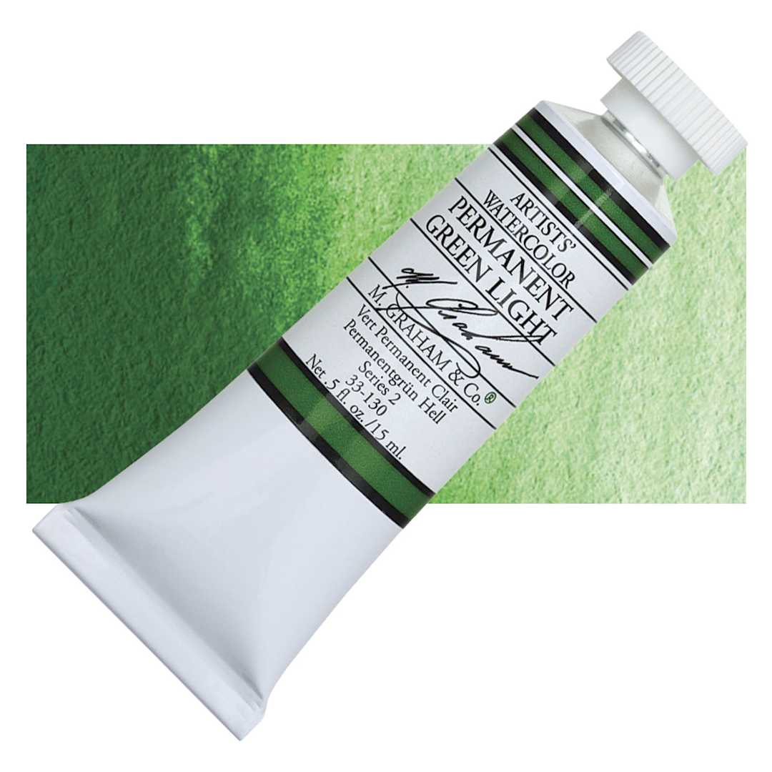 Open in modal - M. Graham Artists' Watercolor - Permanent Green Light, 15 ml Tube and swatch