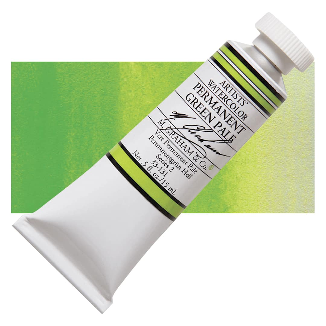 Open in modal - M. Graham Artists' Watercolor - Permanent Green Pale, 15 ml Tube and swatch
