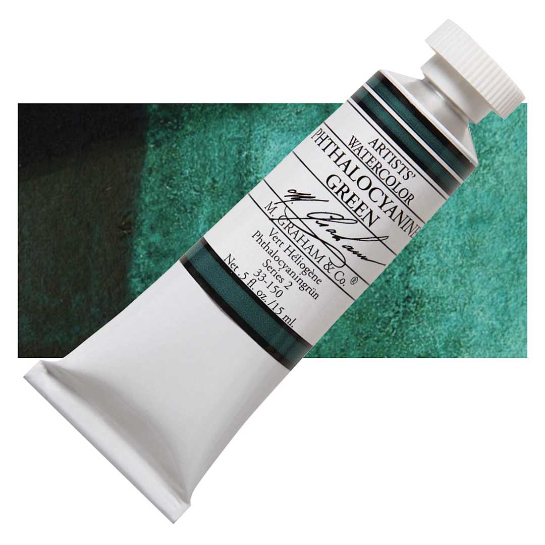 Open in modal - M. Graham Artists' Watercolor - Phthalo Green, 15 ml Tube and swatch