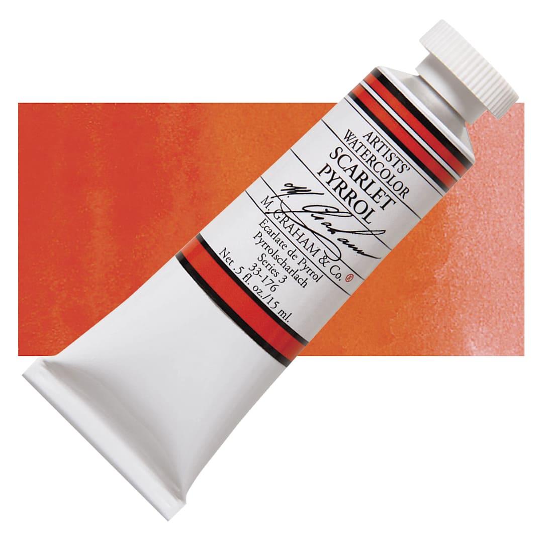 Open in modal - M. Graham Artists' Watercolor - Scarlet Pyrrol, 15 ml Tube and swatch