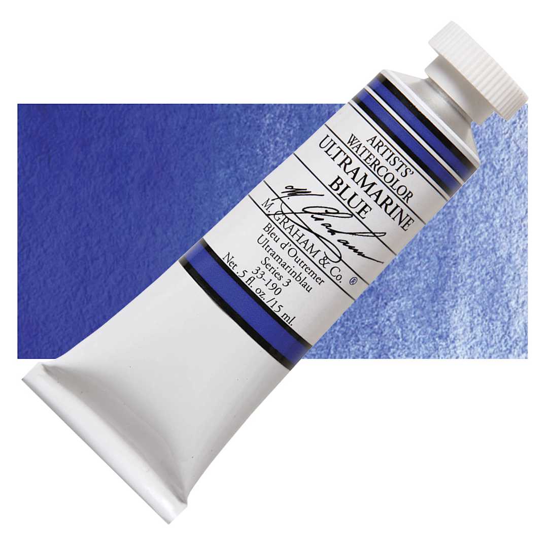 Open in modal - M. Graham Artists' Watercolor - Ultramarine Blue, 15 ml Tube and swatch