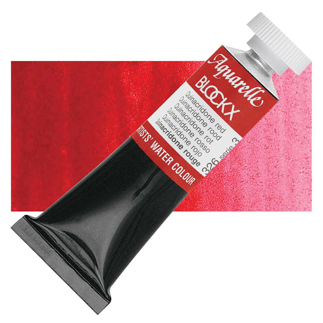 Open in modal - Blockx Artists' Watercolor - Quinacridone Red, 15 ml tube and swatch