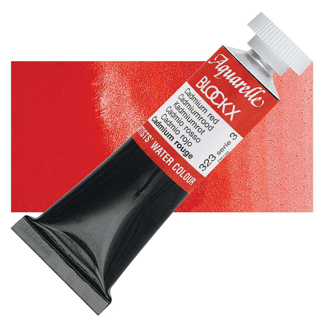Open in modal - Blockx Artists' Watercolor - Cadmium Red, 15 ml tube and swatch