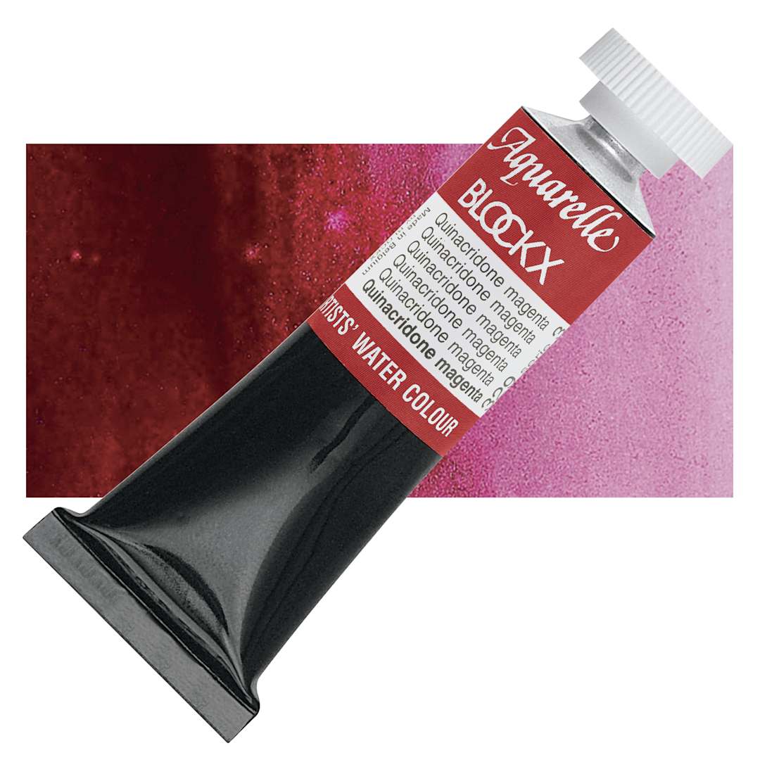 Open in modal - Blockx Artists' Watercolor - Quinacriadone Magenta, 15 ml Tube and swatch