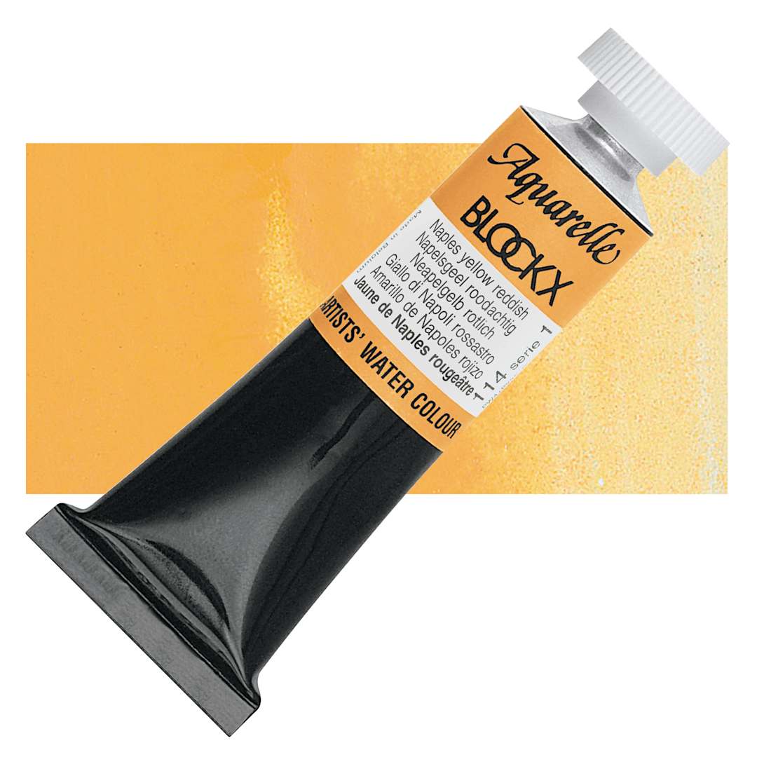 Open in modal - Blockx Artists' Watercolor - Naples Yellow Reddish, 15 ml Tube and swatch