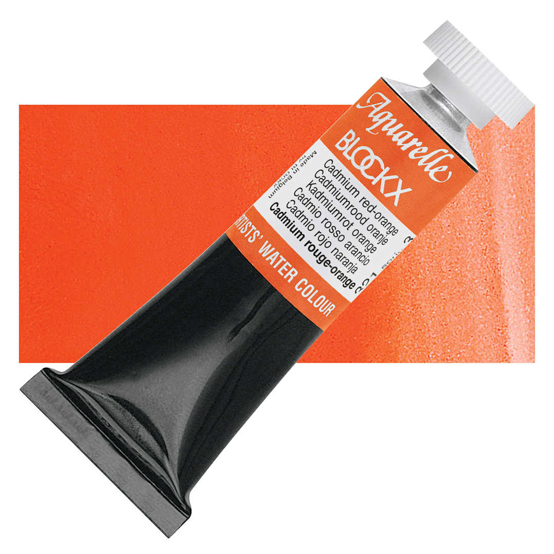 Open in modal - Blockx Artists' Watercolor - Cadmium Red Orange, 15 ml tube and swatch