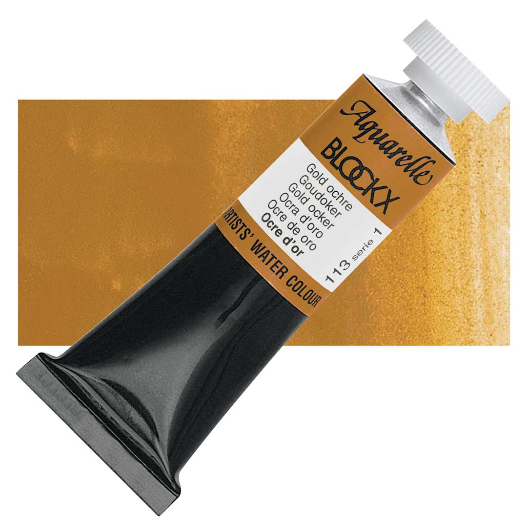 Open in modal - Blockx Artists' Watercolor - Gold Ochre, 15 ml Tube and swatch