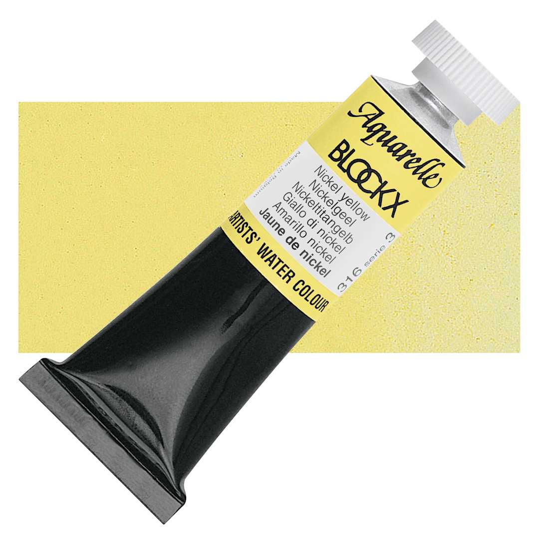 Open in modal - Blockx Artists' Watercolor - Nickel Yellow, 15 ml Tube and swatch