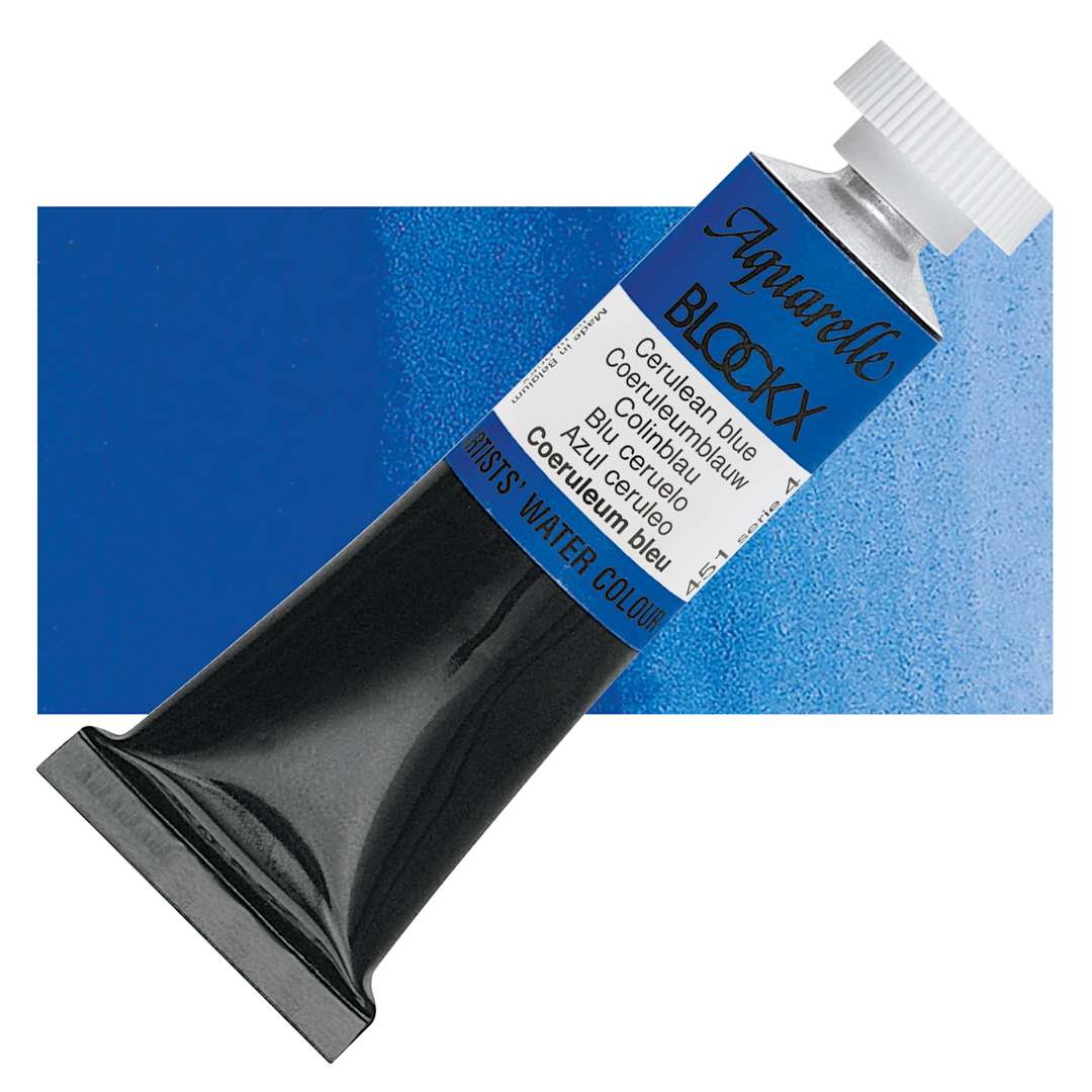 Open in modal - Blockx Artists' Watercolor - Cerulean Blue, 15 ml Tube and swatch