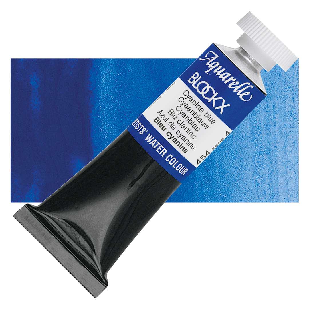 Open in modal - Blockx Artists' Watercolor - Cyanine Blue, 15 ml Tube and swatch