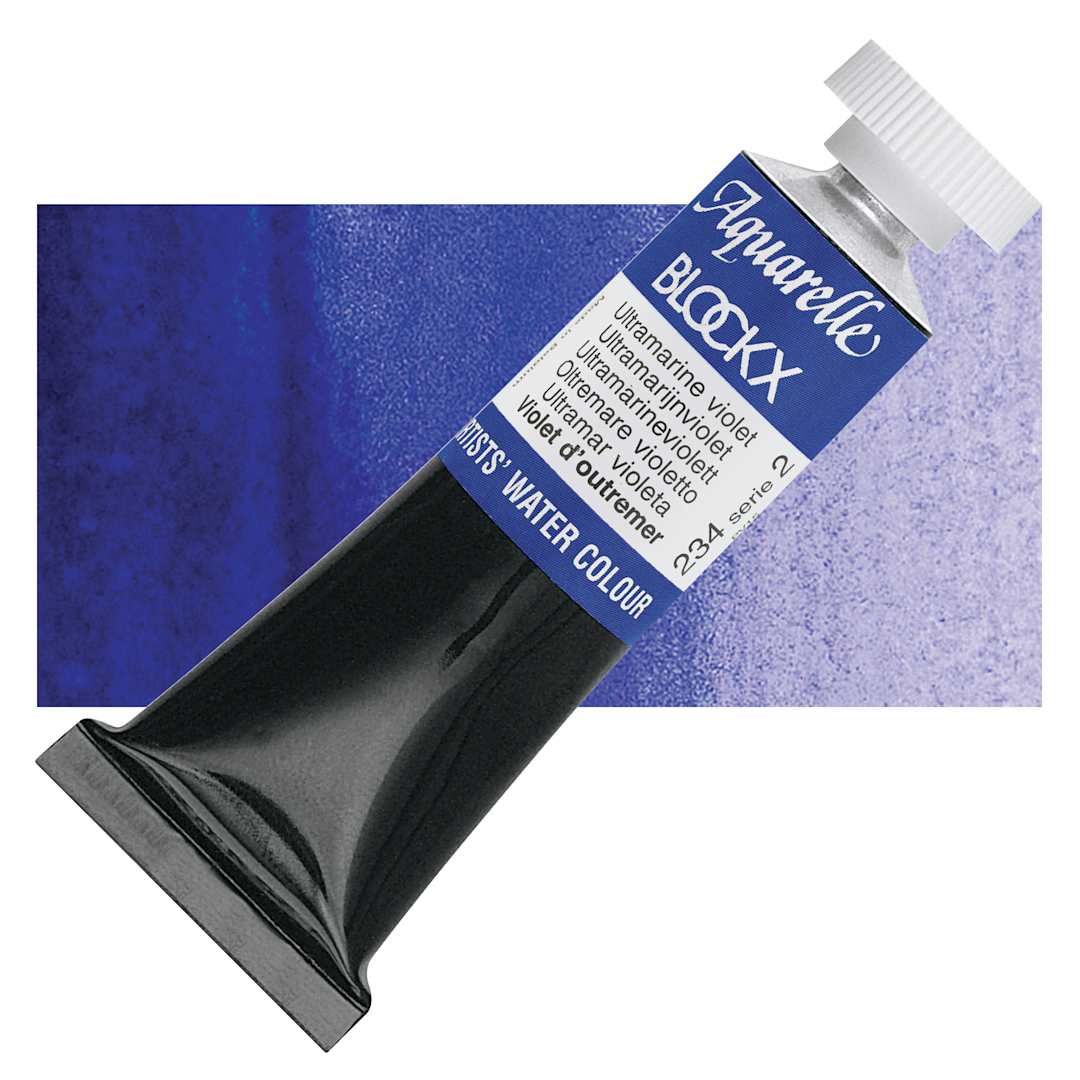 Open in modal - Blockx Artists' Watercolor - Ultramarine Violet, 15 ml tube and swatch