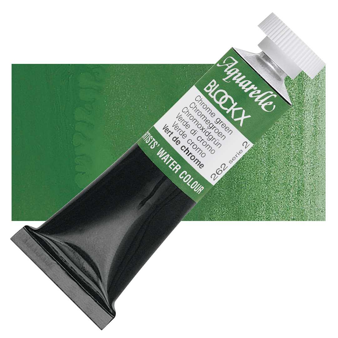 Open in modal - Blockx Artists' Watercolor - Chrome Green, 15 ml Tube and swatch