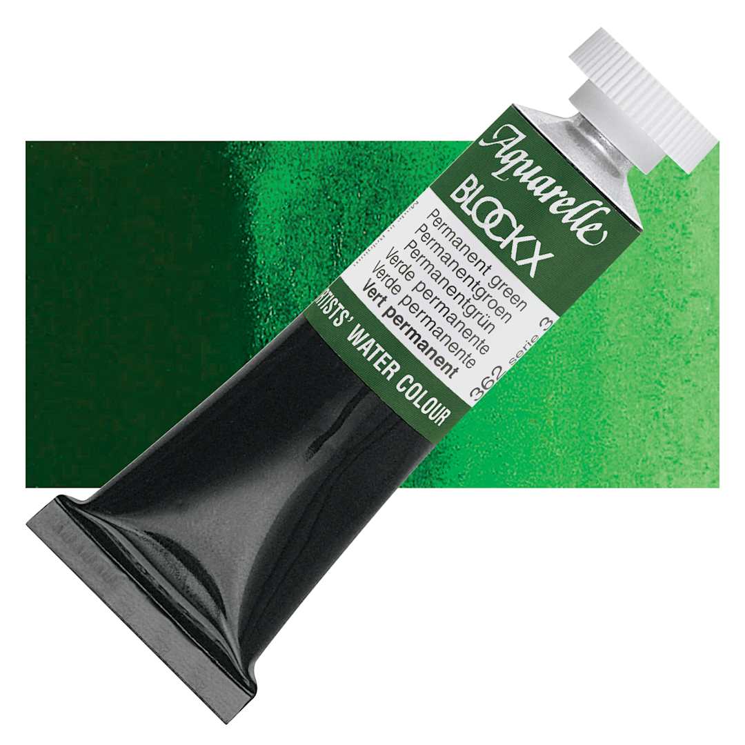 Open in modal - Blockx Artists' Watercolor - Permanent Green, 15 ml Tube and swatch