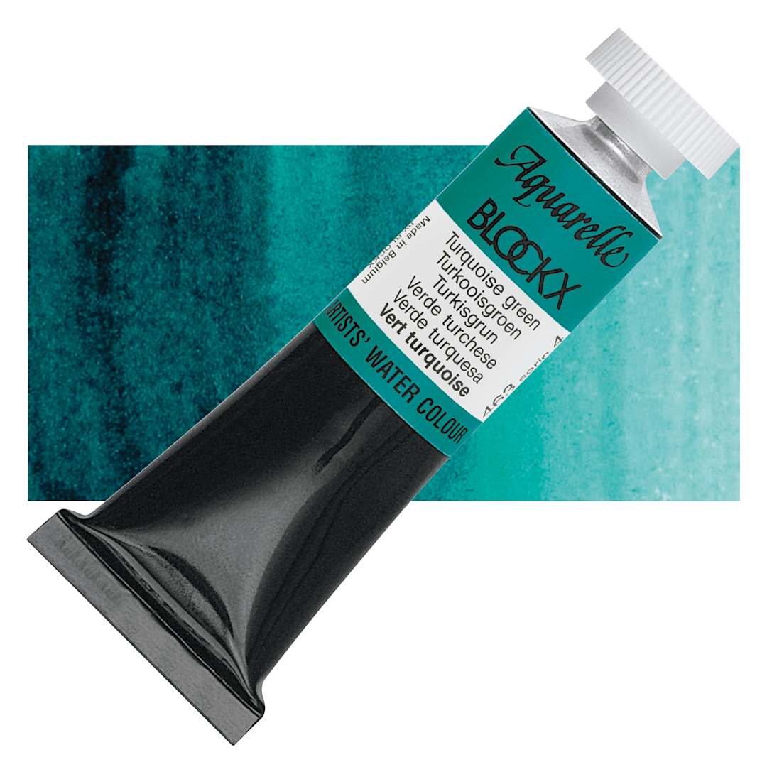 Open in modal - Blockx Artists' Watercolor - Turquoise Green, 15 ml Tube and swatch
