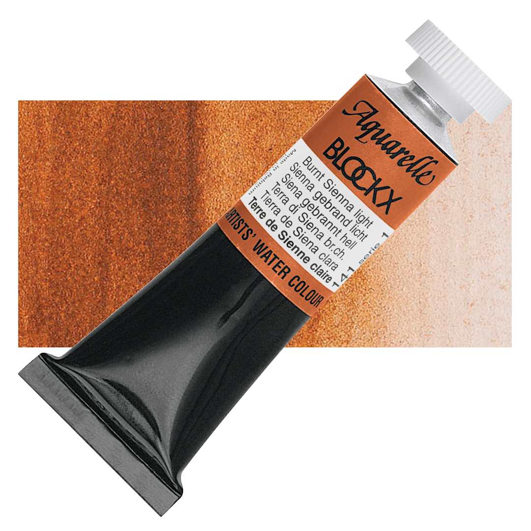 Open in modal - Blockx Artists' Watercolor - Burnt Sienna Light, 15 ml tube and swatch