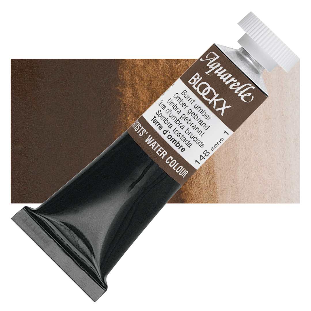 Open in modal - Blockx Artists' Watercolor - Burnt Umber, 15 ml tube and swatch