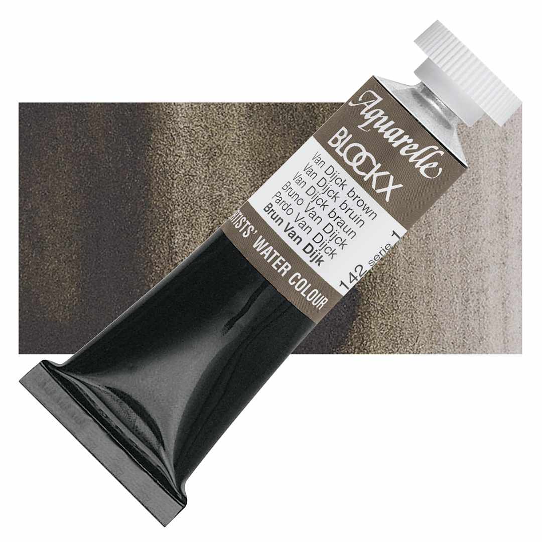 Open in modal - Blockx Artists' Watercolor - Van Dyck Brown, 15 ml tube and swatch