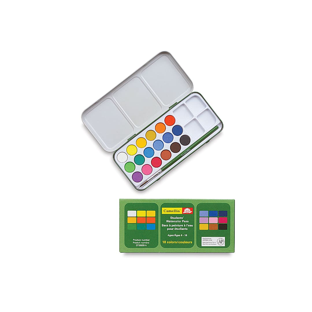 Open in modal - Camellia Student Watercolor Set - Assorted, Set of 18 Colors (Set lid open, Shown with packaging)