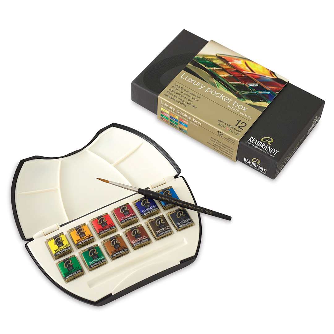 Open in modal - Rembrandt Watercolor Half Pan Set - 12 pc Luxury Pocket box -open tin, with sable brush and package