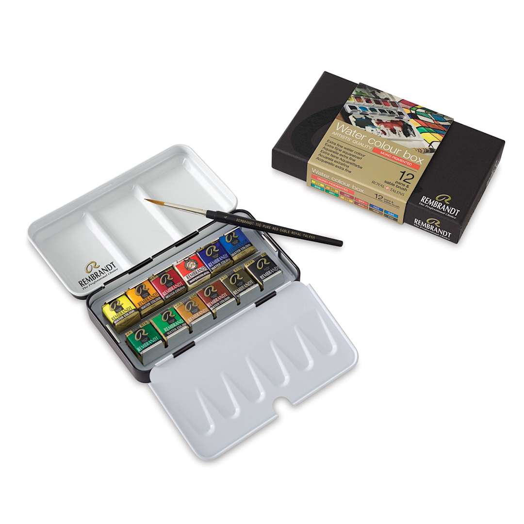 Open in modal - Rembrandt Watercolor Half Pan Set - 12 Mono Pigmented colors with tin, sable brush and package shown