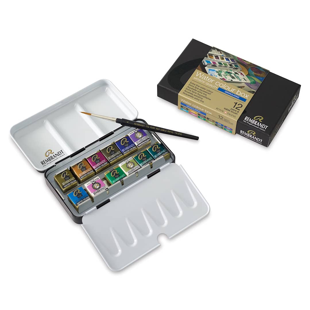 Open in modal - Rembrandt Watercolor Half Pan Set - 12 Granulating colors in open tin, with  sable brush and package