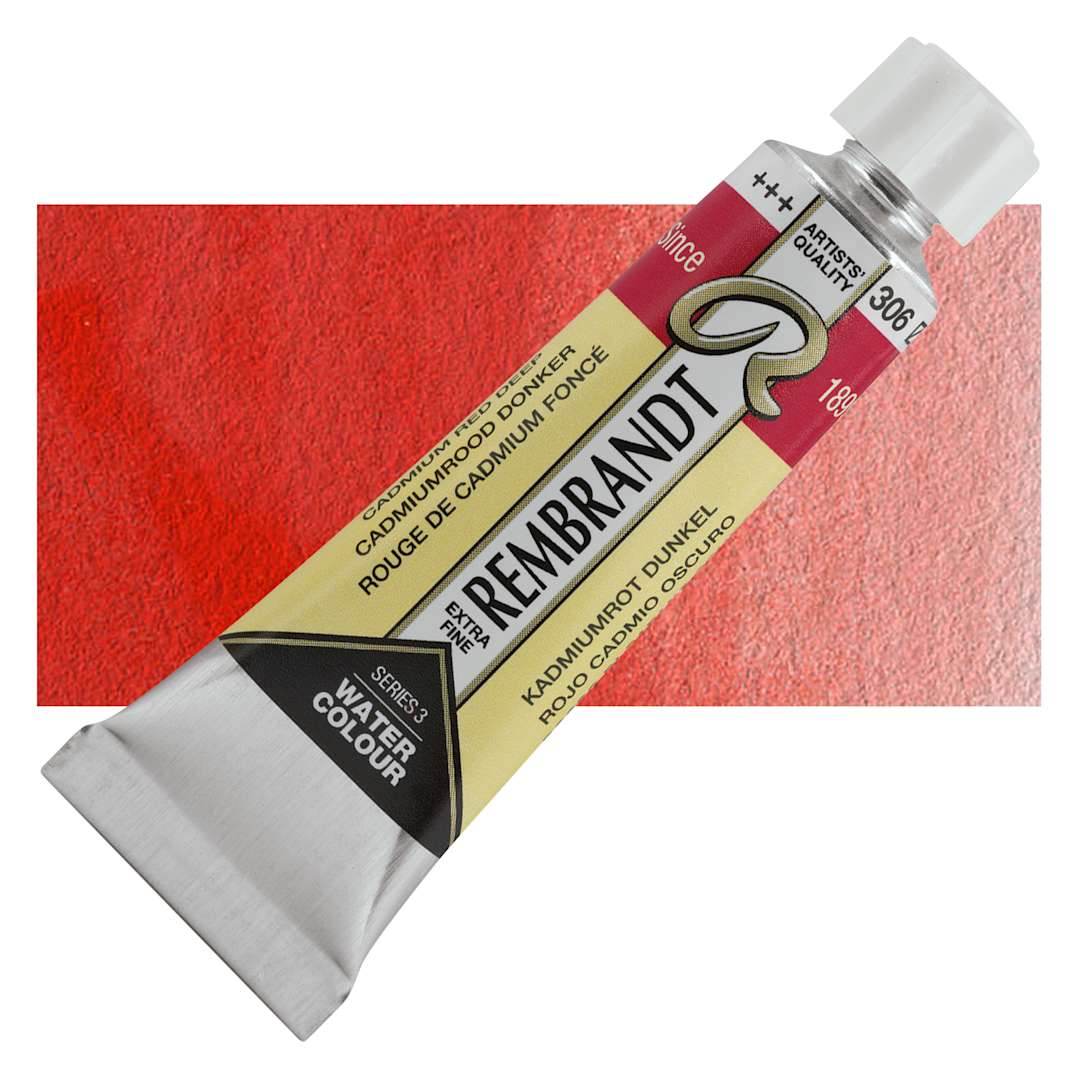 Open in modal - Rembrandt Artist Watercolor - Cadmium Red Deep, 10 ml Tube and swatch