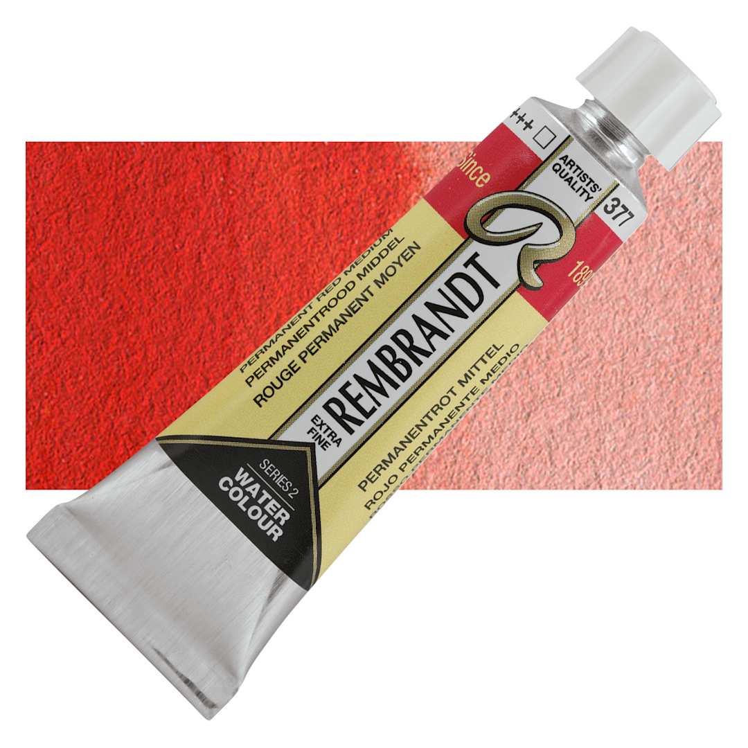 Open in modal - Rembrandt Artist Watercolor - Permanent Red Medium, 10 ml tube and swatch