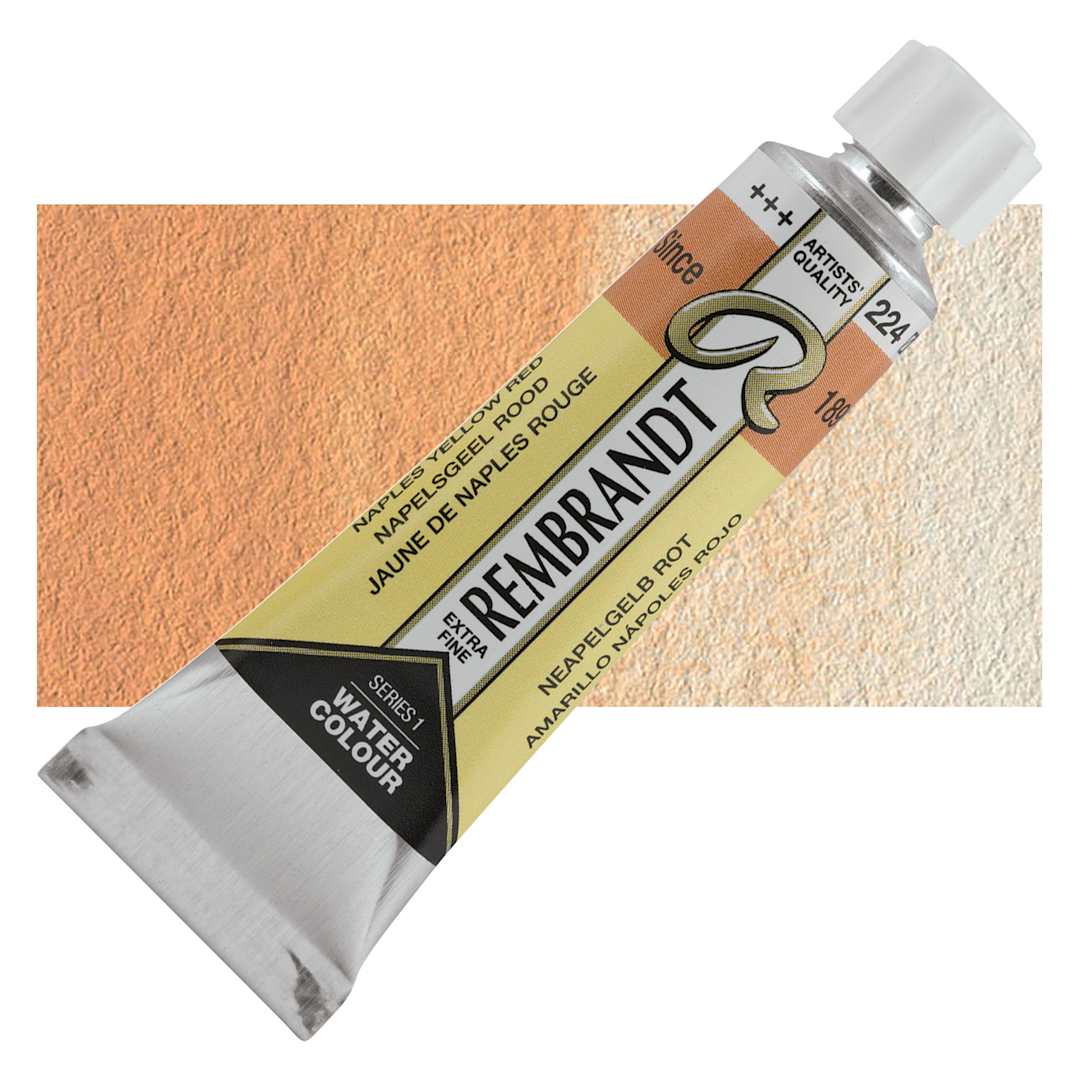 Open in modal - Rembrandt Artist Watercolor - Naples Yellow Red, 10 ml tube and swatch