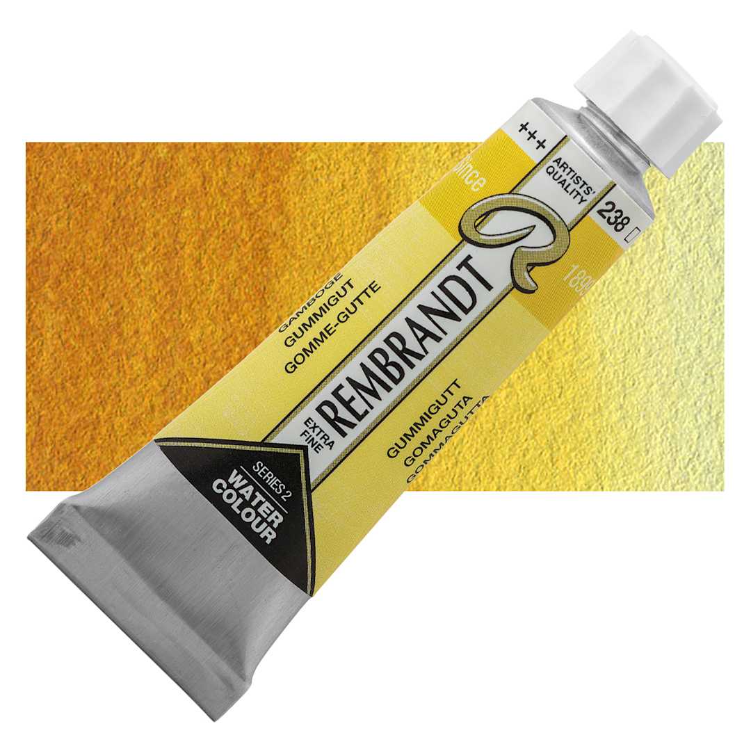 Open in modal - Rembrandt Artist Watercolor - Gamboge, 10 ml tube and swatch