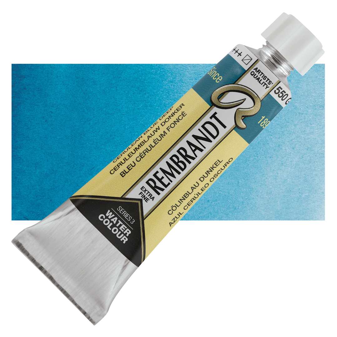 Open in modal - Rembrandt Artist Watercolor - Cerulean Blue Deep, 10 ml tube and swatch