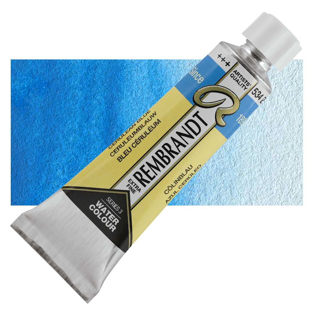 Open in modal - Rembrandt Artist Watercolor - Cerulean Blue Phthalo, 10 ml Tube and swatch