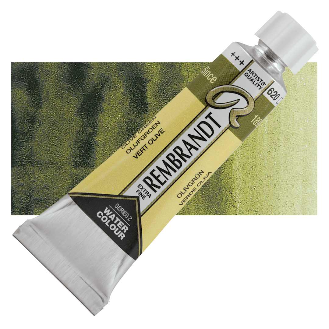 Open in modal - Rembrandt Artist Watercolor - Olive Green, 10 ml tube and swatch