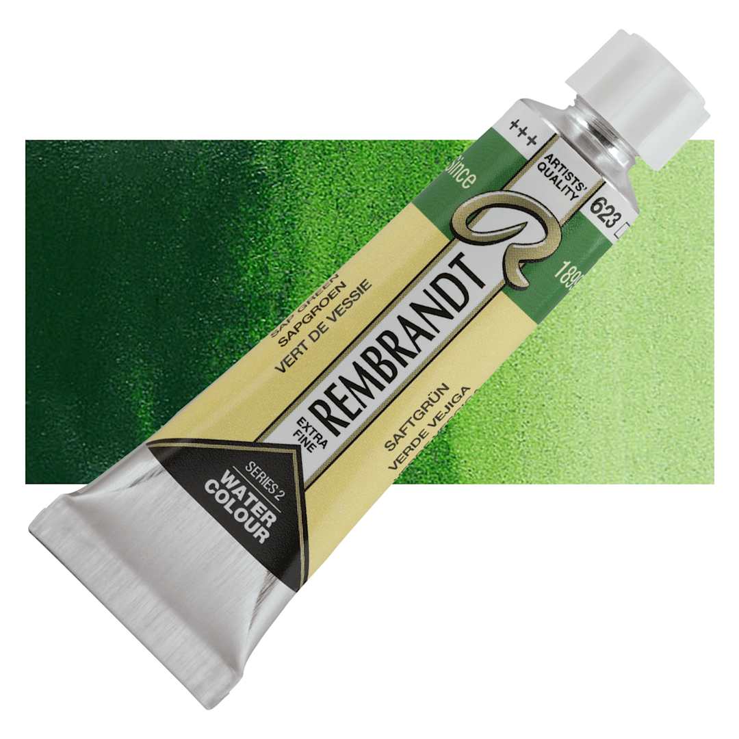 Open in modal - Rembrandt Artist Watercolor - Sap Green, 10 ml tube and swatch