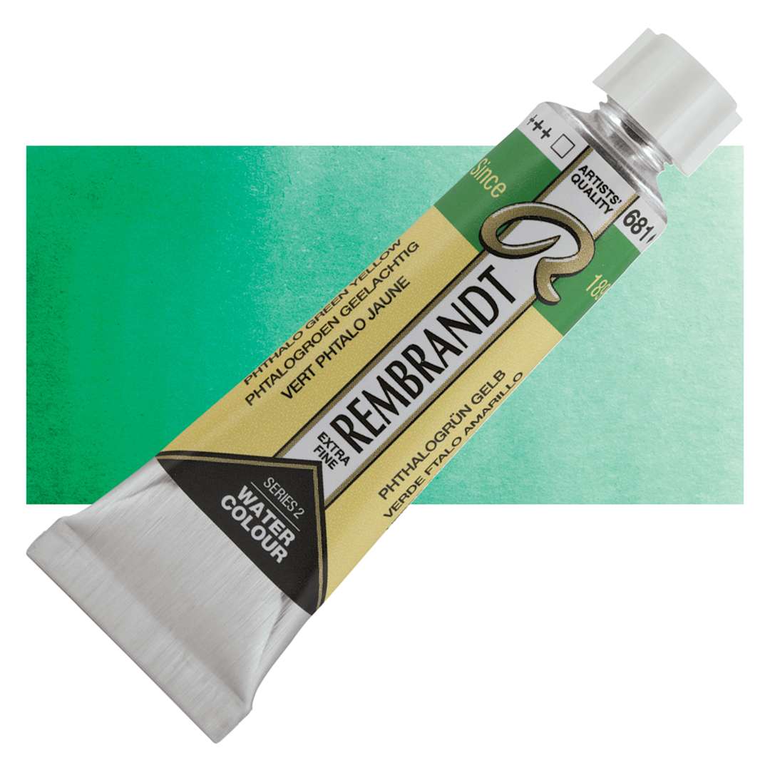 Open in modal - Rembrandt Artist Watercolor - Phthalo Green Yellow, 10 ml tube and swatch
