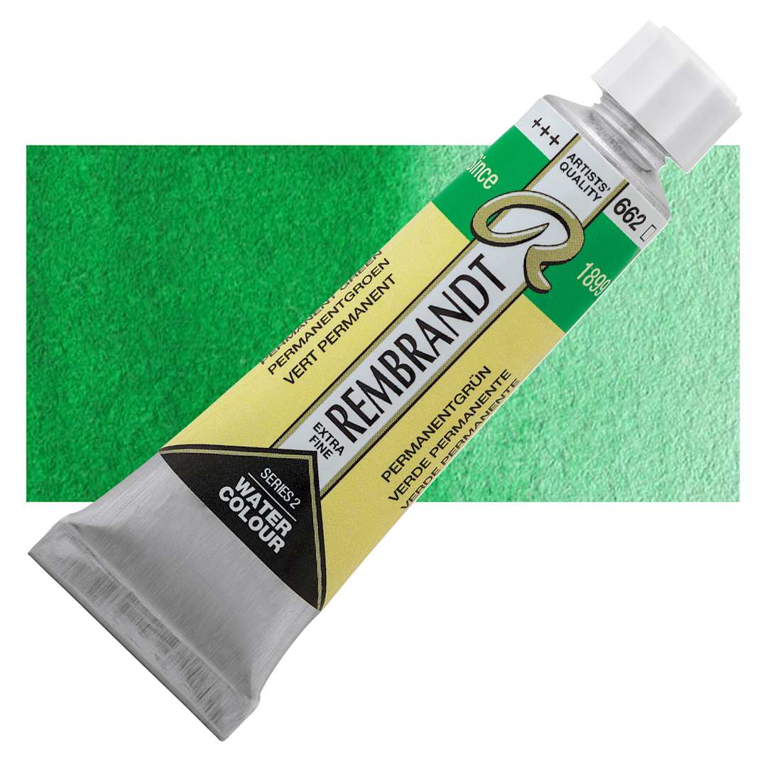 Open in modal - Rembrandt Artist Watercolor - Permanent Green, 10 ml tube and swatch