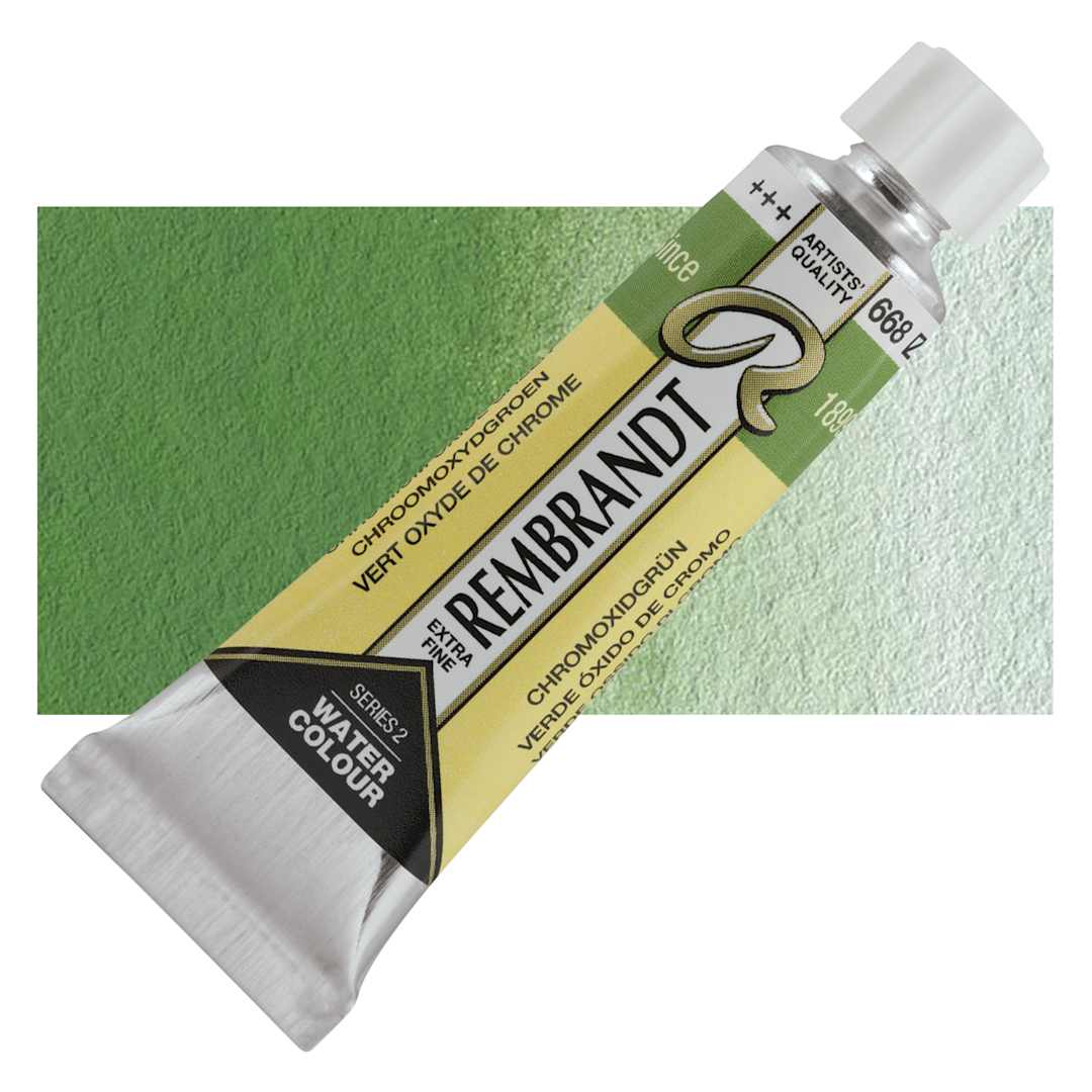 Open in modal - Rembrandt Artist Watercolor - Chromium Oxide Green, 10 ml tube and swatch