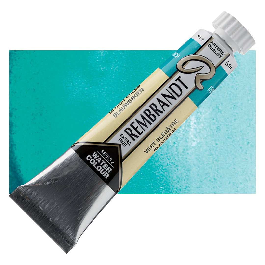 Open in modal - Rembrandt Artist Watercolor - Bluish Green, 20 ml tube and swatch