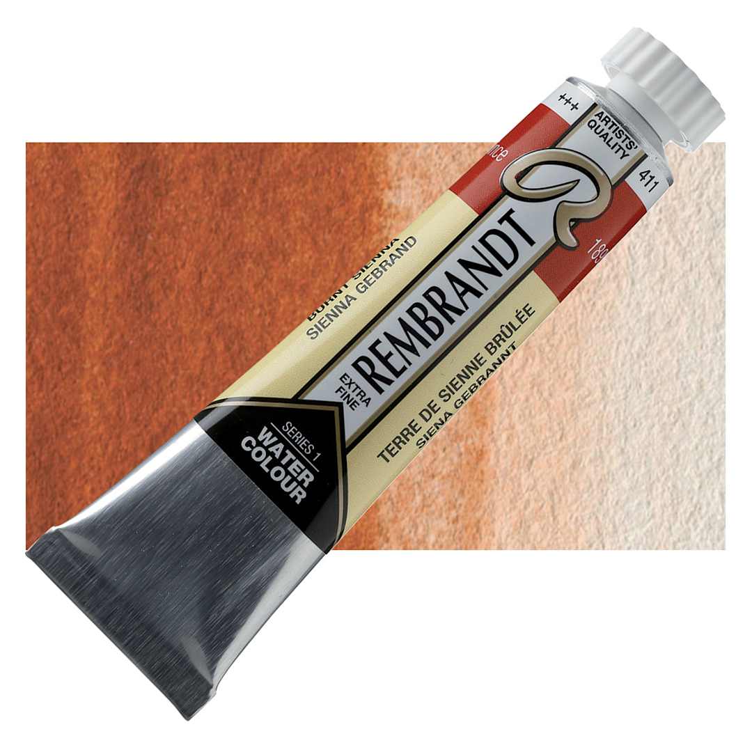 Open in modal - Rembrandt Artist Watercolor - Burnt Sienna, 20 ml tube and swatch