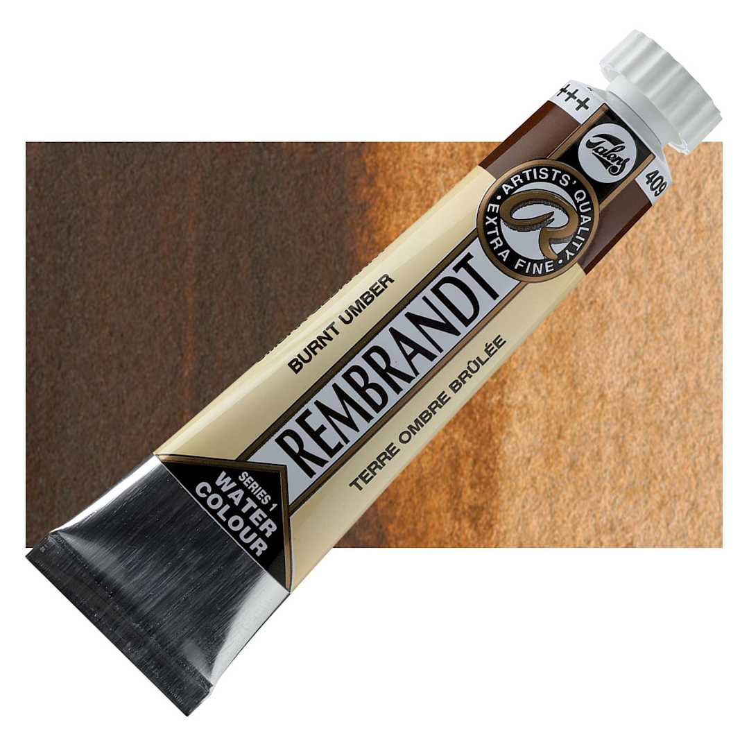 Open in modal - Rembrandt Artist Watercolor - Burnt Umber, 20 ml tube and swatch