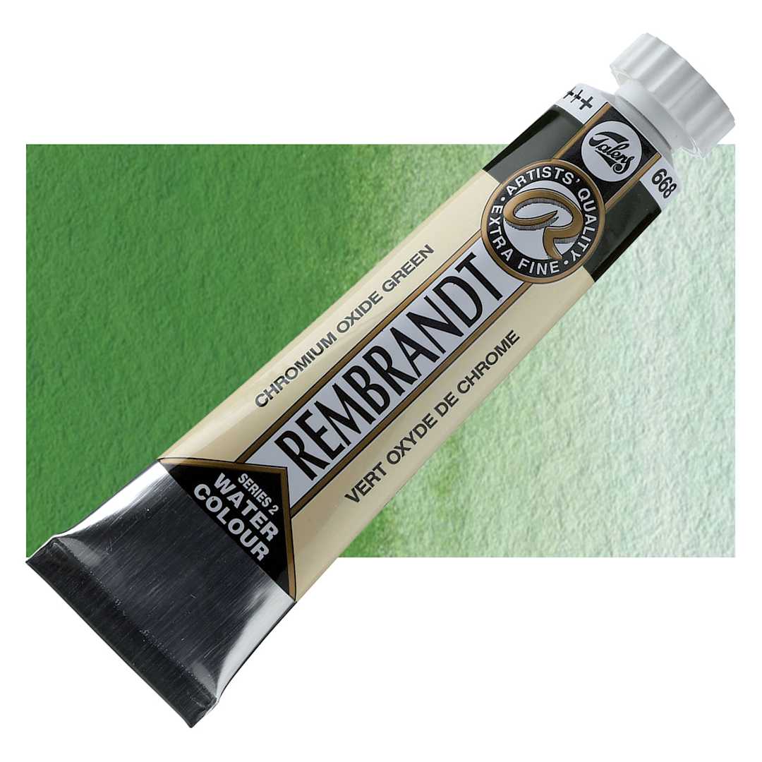 Open in modal - Rembrandt Artist Watercolor - Chromium Oxide Green, 20 ml tube and swatch